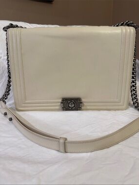 Authentic CHANEL Le Boy XL Cream Leather Shoulder Bag with Gun Metal Hdwr w/COA